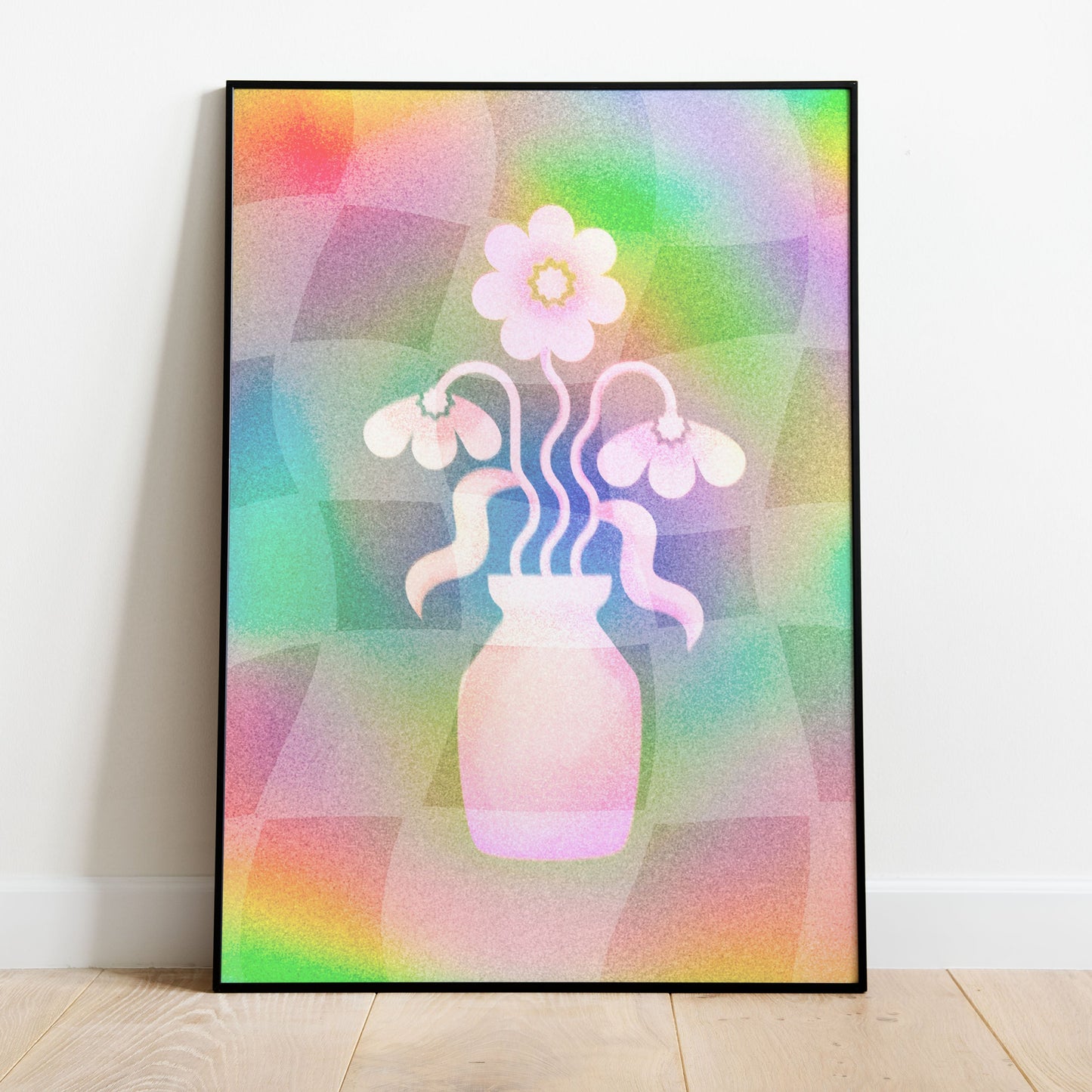 Framed artwork of a vase with flowers on a colorful geometric background