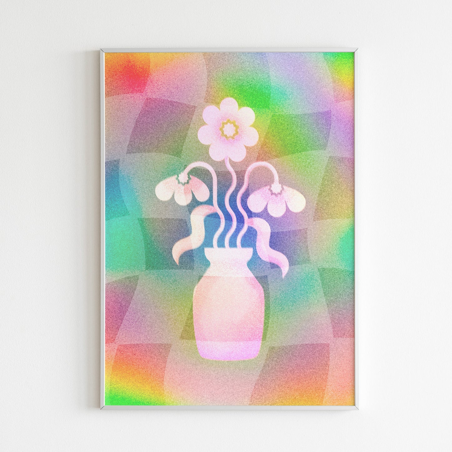 Colorful abstract art print with a vase and flowers on a geometric patterned background