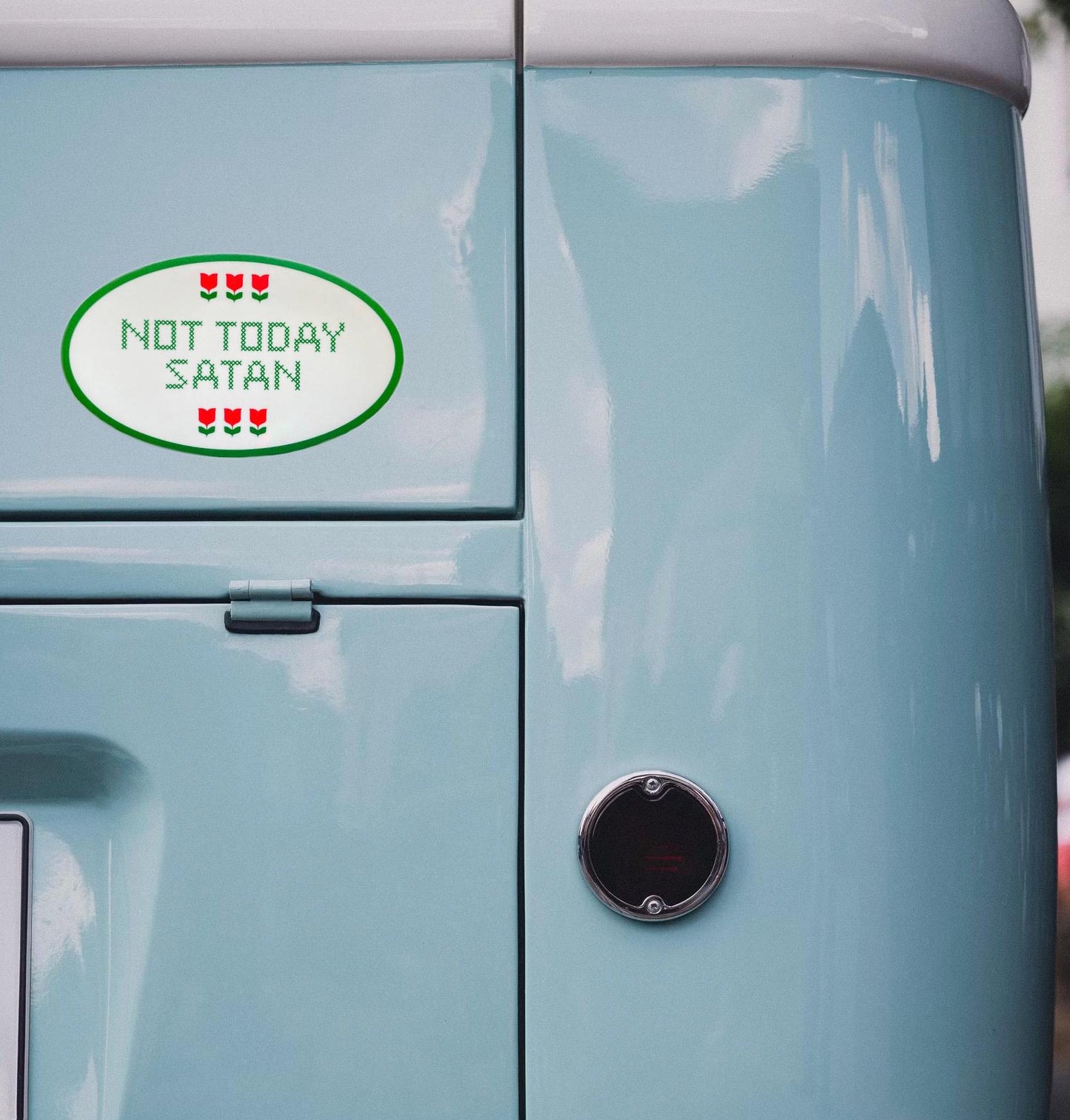 Oval Cross Stitch Not Today Satan Bumper Sticker