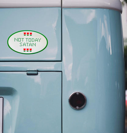 Oval Cross Stitch Not Today Satan Bumper Sticker