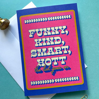 Colorful card with text on a blue background