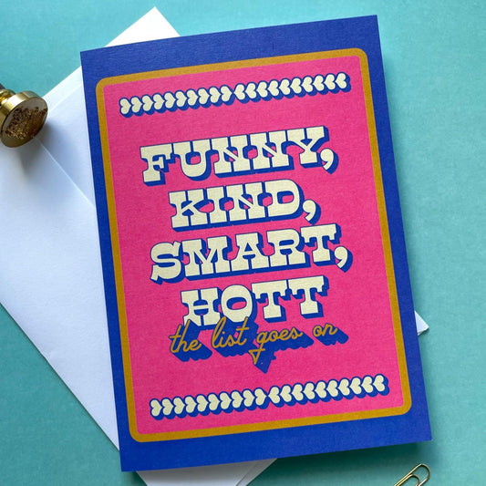 Colorful card with text on a blue background