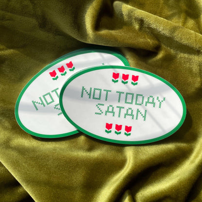 Oval Cross Stitch Not Today Satan Bumper Sticker