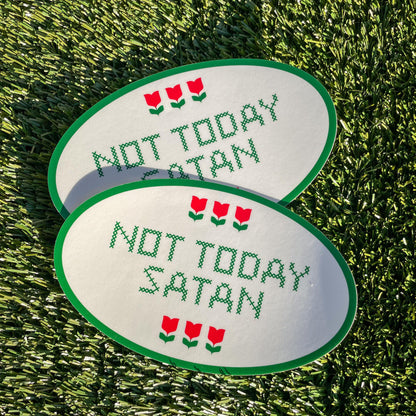 Oval Cross Stitch Not Today Satan Bumper Sticker