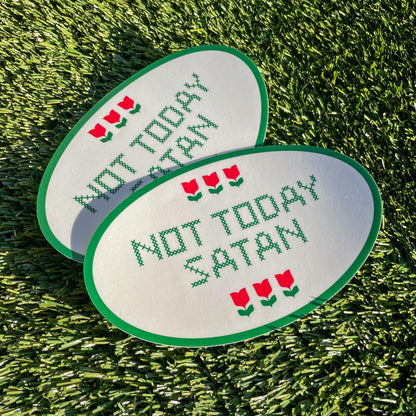 Oval Cross Stitch Not Today Satan Bumper Sticker