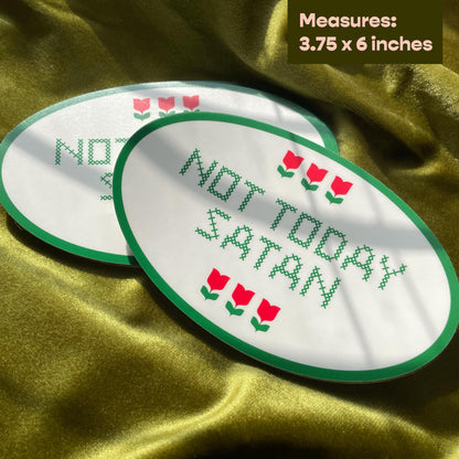 Oval Cross Stitch Not Today Satan Bumper Sticker
