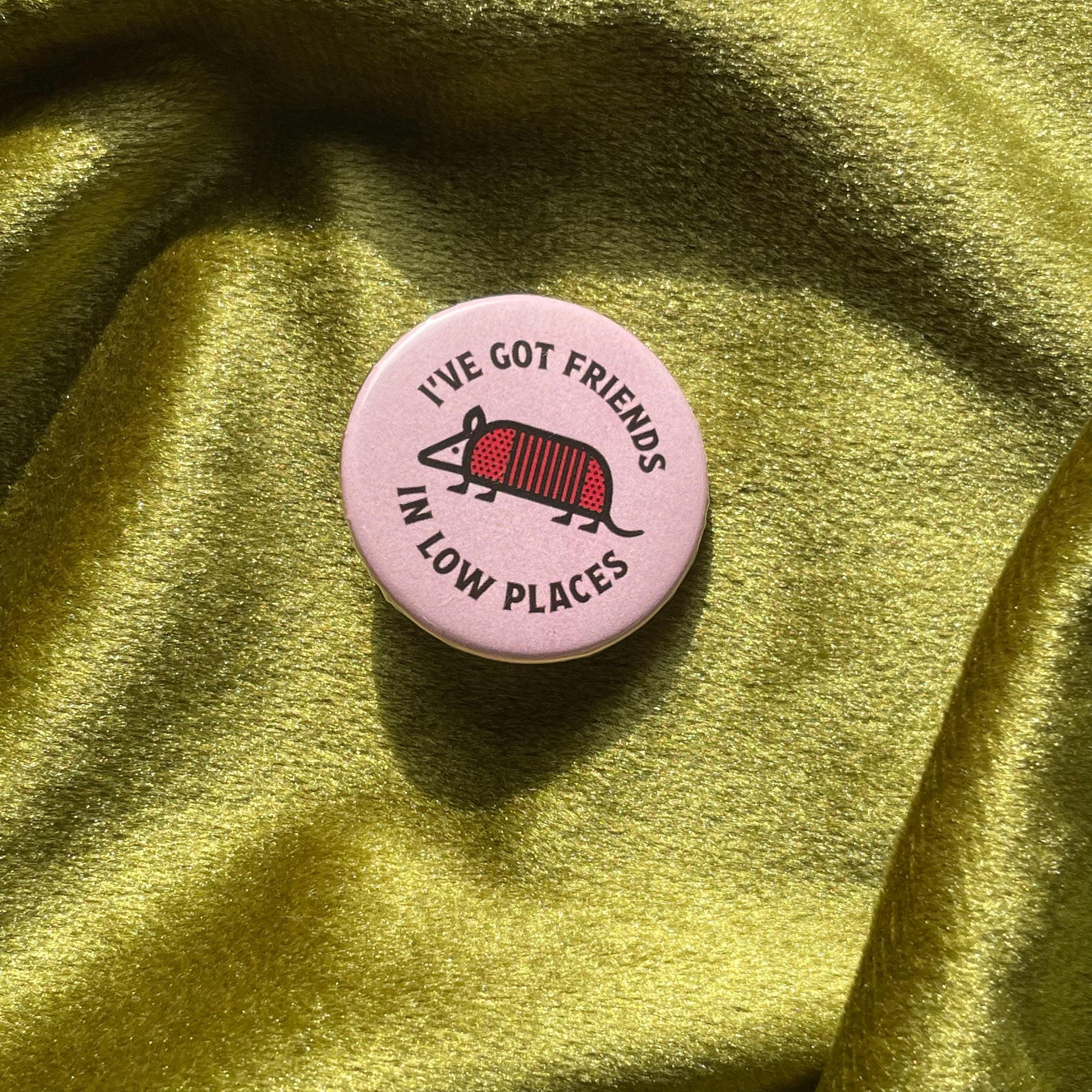 A pink button with an orange and brown armadillo in the center of the button. and the text 'I've got friends in low places' in dark brown