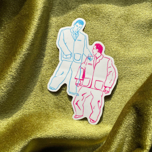 Two line drawings of David Byrne wearing his iconic big jacket and dancing. The drawing on the left is outlined in blue and the drawing on the right is outlined in pink.