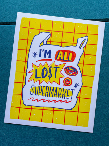 Cartoon-style plastic bag with text on a yellow grid background