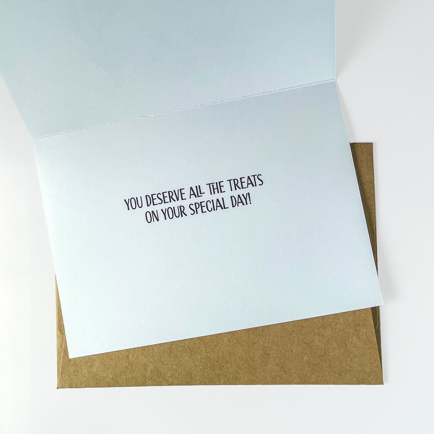 Inside of greeting card with text 'You deserve all the treats on your special day!' on top of a brown envelope and a white background.